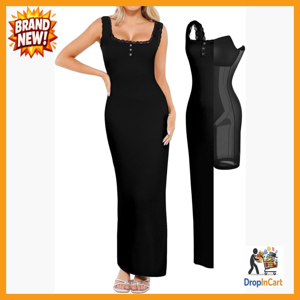 Shapewear Tank Dress Maxi Bodycon Square Neck Lace Trim Elegant Going Out